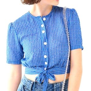EAST ORDER COBALT CHECK "MAHLIA" TIE FRONT CROP TOP NWT